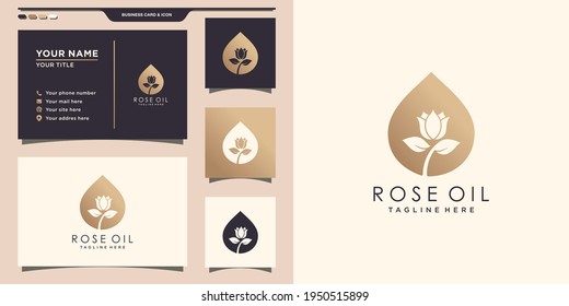 Rose oil logo design template. Combination oil and rose flower. Logo can be used for beauty salon, skin care, cosmetic, and spa. Logo with business card Premium Vector