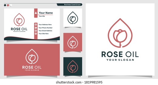 Logotipo de aceite de rosa con estilo de arte de línea simple y fresco y plantilla de diseño de tarjeta de visita Premium Vector
