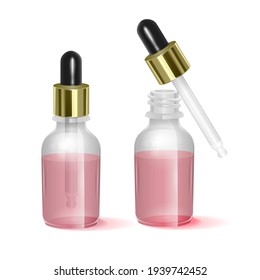 Rose Oil in a realistic Glass Bottle with pipette, Realistic illustration, vector format