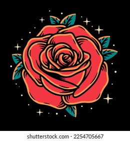 Rose Old School Tattoo Vector Art Illustration on Isolated Background. Rose Old School Vector Illustration. Rose Logo Concept. Rose Old School Tattoo Style Illustration.