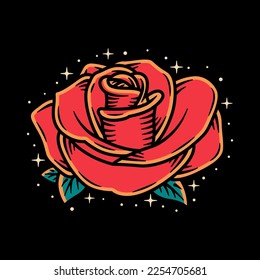 Rose Old School Tattoo Vector Art Illustration on Isolated Background. Rose Old School Vector Illustration. Rose Logo Concept. Rose Old School Tattoo Style Illustration.