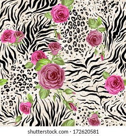 Rose on animal abstract print. Seamless pattern  