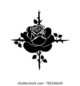 

The rose on the cross which is made of the branches with thorns and leaves. Vector black and white illustration.