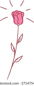 Rosa en tallo largo con pétalos y hojas, dibujado a mano con rayos de luz. Símbolo de amor, romance, crecimiento y belleza para saludos y temas de boda. Ilustración vectorial de dibujos animados.