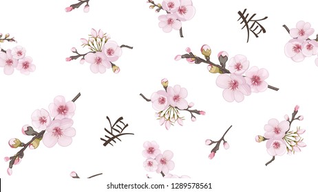 Rose on white background. Light pattern of sakura flowers. Handmade Seamless pattern in Chinese style. Design element for fabric, invitations, packaging, cards.