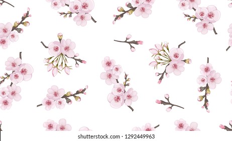 Rose on white fond. Spring pattern of sakura flowers. Handmade Seamless pattern in Chinese style. Design element for fabric, invitations, packaging, cards.