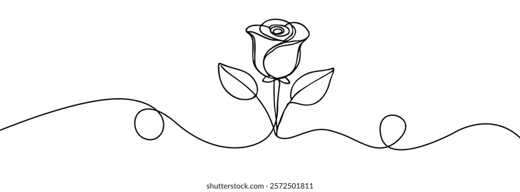 Rose one line drawing. Abstract flower continuous line. Minimalist contour drawing of rose . Continuous line drawing of flower rose . Hand drawn sketch of flower with leaves.