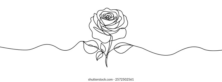 Rose one line drawing. Abstract flower continuous line. Minimalist contour drawing of rose . Continuous line drawing of flower rose . Hand drawn sketch of flower with leaves.