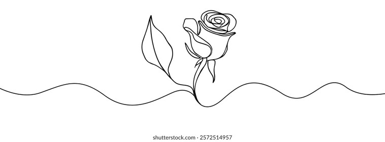 Rose one line drawing. Abstract flower continuous line. Minimalist contour drawing of rose . Continuous line drawing of flower rose . Hand drawn sketch of flower with leaves.