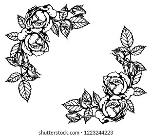 Vector de adorno de rosa dibujado a mano. Hermosa flor sobre fondo marrón. Celebración dorada Arte vectorial de encaje rosa altamente detallado en estilo de arte de línea. Tatuaje de flores para pintar o patrón.