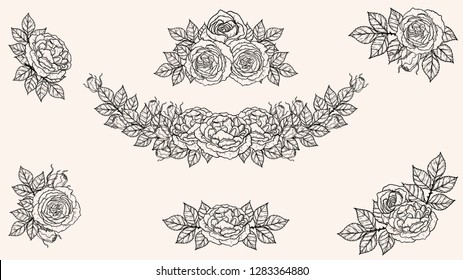 Rose ornament vector by hand drawing.Beautiful flower on brown background.Sunset memory rose vector art highly detailed in line art style.Flower tattoo for paint or pattern.