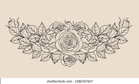 Rose ornament vector by hand drawing.Beautiful flower on brown background.Sunset memory rose vector art highly detailed in line art style.Flower tattoo for paint or pattern. 