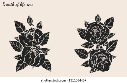 Rose ornament vector set by hand drawing.Beautiful flower on brown background.Rose art highly detailed in line art style.Breath of life rose for wallpaper or tattoo.