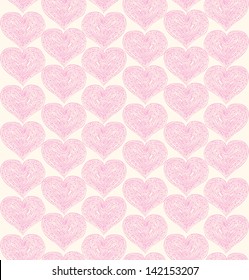 Rose ornate seamless pattern with lacy hearts. Decorative fabric texture