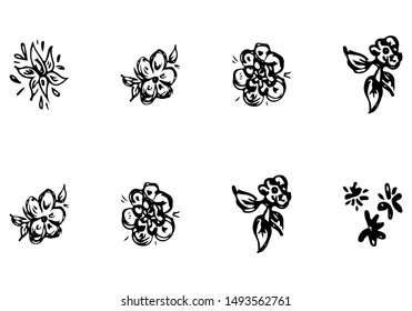 Rose outline set in line art style. Vector nature illustration. Vintage background. Black background. Floral design element. Outline symbol collection.