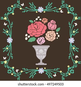 Rose pastel color set in roman vase style with vintage flowers frame and little butterfly vector