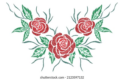 Rose Patches Set, Flower Embroidery For T-Shirt Design Vector Illustration. Hand Drawn Editable Elements. Embroidery Flowers
