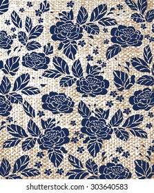 Rose pattern background with textile texture in blue. Vector