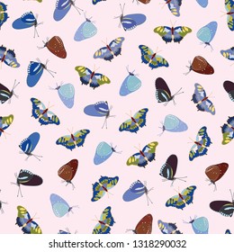 Rose pattern with blue, brown and back butterflies. Surface pattern design.