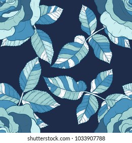 Rose pattern by hand drawing.Blue rose high detail for wallpaper.Flower seamless pattern on vintage background.Rosa queen elizabeth rose for batik cloth.