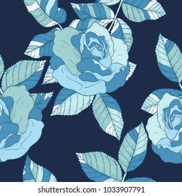 Rose pattern by hand drawing.Blue rose high detail for wallpaper.Flower seamless pattern on vintage background.Rosa queen elizabeth rose for batik cloth.