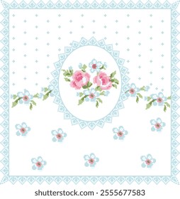 Rose pattern enriched with retro motifs, embroidered in cross-stitch style.