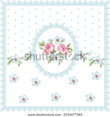 Rose pattern enriched with retro motifs, embroidered in cross-stitch style.