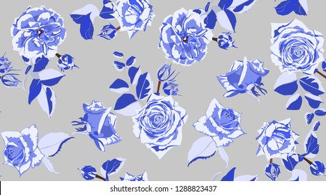 Rose Pattern, Flowers Seamless Vintage Background. Watercolor Style. Rustic Wedding Decorative Floral Elements. Retro Rose Pattern for Print, Fabric. Hand Drawing Spring or Summer Roses with Leaves.