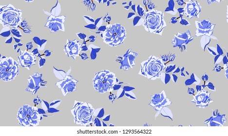 Rose Pattern, Flowers Seamless Vintage Background. Watercolor Style. Rustic Wedding Decorative Floral Elements. Retro Rose Pattern for Print, Fabric. Hand Drawing Spring or Summer Roses with Leaves.