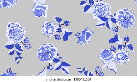 Rose Pattern, Flowers Seamless Vintage Background. Watercolor Style. Rustic Wedding Decorative Floral Elements. Retro Rose Pattern for Print, Fabric. Hand Drawing Spring or Summer Roses with Leaves.