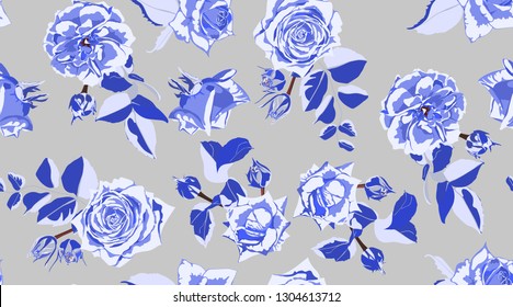 Rose Pattern, Flowers Seamless Vintage Background. Watercolor Style. Rustic Wedding Decorative Floral Elements. Retro Rose Pattern for Print, Fabric. Hand Drawing Spring or Summer Roses with Leaves.