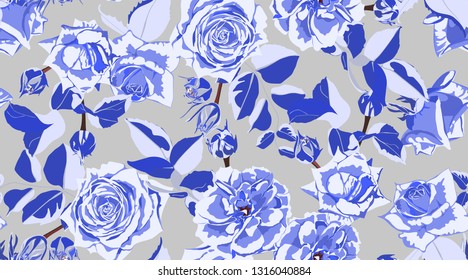 Rose Pattern, Flowers Seamless Vintage Background. Watercolor Style. Rustic Wedding Decorative Floral Elements. Retro Rose Pattern for Print, Fabric. Hand Drawing Spring or Summer Roses with Leaves.