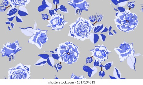 Rose Pattern, Flowers Seamless Vintage Background. Watercolor Style. Rustic Wedding Decorative Floral Elements. Retro Rose Pattern for Print, Fabric. Hand Drawing Spring or Summer Roses with Leaves.