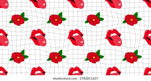Rose pattern lips star mouth tongue gingham sticker flower disco design for a trendy backdrop with sun and kids. Y2k doodle butterfly 70s art cute retro cloud funky heart shape background techno.