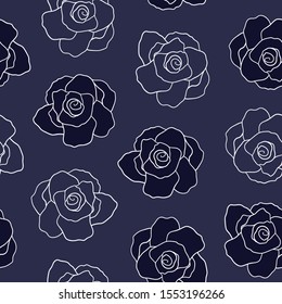 Rose pattern on blue background. Great for wrapping paper, wallpaper, background, fabric, packaging, greeting cards, invitations and more.