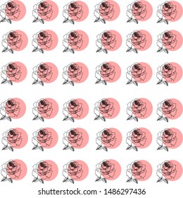 rose pattern and pink circles. On white background. For textiles, packaging, carton, cardboard, wrapping paper and other. Cartoon style. Vector