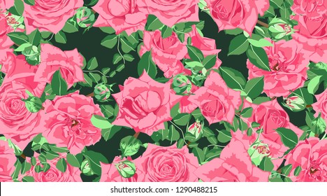 Rose Pattern, Seamless Floral Background. Vector Pink Flowers with Green Leaf. Romantic Print with Vintage Roses for Fabric, Textile. Peony Bouquet, Spring Rustic Design. Hand Drawn Watercolor Roses.