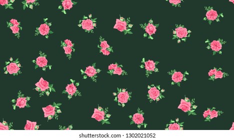 Rose Pattern, Seamless Floral Background. Vector Pink Flowers with Green Leaf. Romantic Print with Vintage Roses for Fabric, Textile. Peony Bouquet, Spring Rustic Design. Hand Drawn Watercolor Roses.