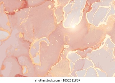 Rose, peach and gold marble texture. Abstract vector background in alcohol ink technique. Modern paint with glitter. Template for banner, poster design. Fluid art painting