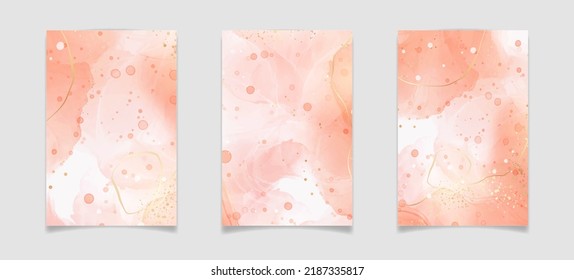 Rose peach liquid watercolor background with golden dots. Dusty blush marble alcohol ink drawing effect. Vector illustration design template for wedding invitation, menu, rsvp