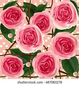 Rose. Pearl. Seamless wedding flowers. English roses Background Beautiful. Banners Invitation, Trendy Design Template. Springtime. Mothers Day. Flowers. Vector illustration. Women's Day.