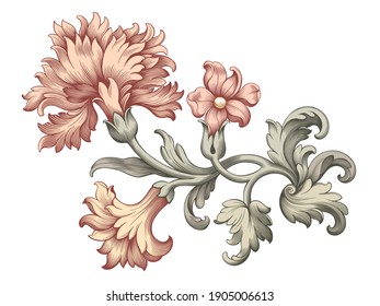 Rose Peony Carnation Flower Vintage Pink Baroque Victorian Floral Ornament Frame Border Golden Leaf Scroll Engraved Red Retro Pattern Decorative Design Tattoo Botany Filigree Calligraphic Vector 