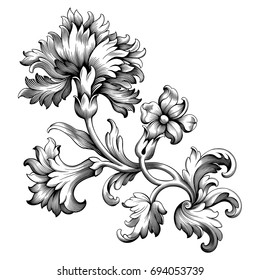 Rose peony carnation flower vintage Baroque Victorian frame border floral ornament leaf scroll engraved retro pattern decorative design tattoo black and white filigree calligraphic vector 
