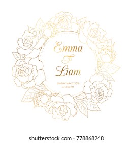 Rose peony floral wreath frame. Luxury bright golden shining gradient effect. Blooming spring summer flowers. Wedding marriage event invitation template. Save the date. Text placeholder.