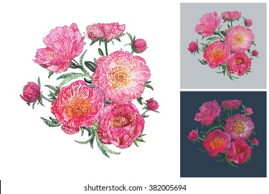 Rose peony flower bouquet vector image. Picture with rose bouquet. Beautiful peony flowers bouquet on white background