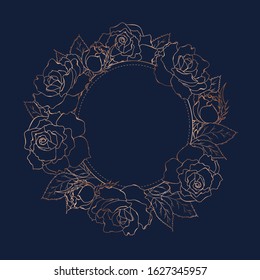 Rose peony flowers bloom blossom wreath round circle decoration. Copper gold shiny outline navy dark blue background. Floral line design template. Vector illustration.