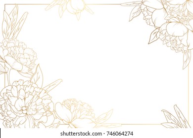 Rose peony flowers border frame with decorated corners. Floral botanical foliage garland bloom blossom. Bright shiny golden gradient light reflection on white background. Vector design illustration.