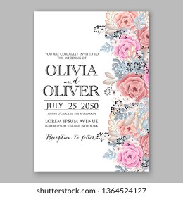 Rose peony wedding invitation tropical floral background ranunculus greenery herbal poinsettia fir wreath