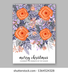 Rose peony wedding invitation tropical floral background ranunculus greenery herbal poinsettia fir wreath