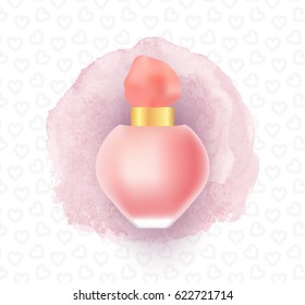 Rose perfume bottle on pink watercolour stain and heart pattern background. Vector fragrance concept, realistic illustration.